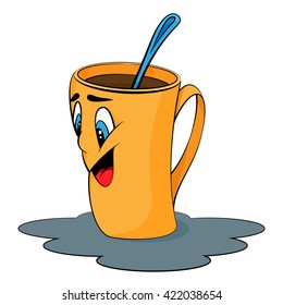 Cartoon cup. Mug with surprised facial expression