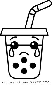 A cartoon cup with a straw in it is crying