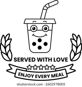 A cartoon cup with a straw in it is smiling and is served with love