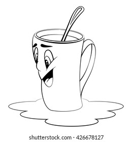 Cartoon cup. Surprised expression. Coloring page