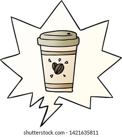 cartoon cup of takeout coffee with speech bubble in smooth gradient style