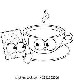 Cartoon cup of tea and cookie characters. Vector black and white coloring page.