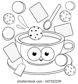 Cartoon cup of tea and cookies. Vector black and white coloring page.