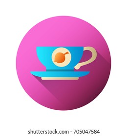 Cartoon cup with tea and leaves against against the background of a circle. Symbol for your web site design, logo, app, UI. Vector flat icon. Simple illustration wih long shadow.