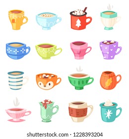 Cartoon cup vector kids mugs hot coffee or tea cupful on breakfast and various shapes of coffeecup illustration set of Christmas mugful morning beverage teacup isolated on white background