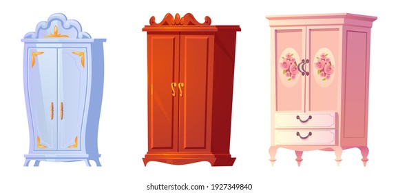 Cartoon cupboards baroque, shabby chic or classic style. Luxury interior cabinets vintage stuff, old fashioned furniture, wooden wardrobe isolated on white background, cartoon vector illustration, set - Shutterstock ID 1927349840