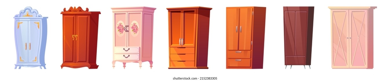 Cartoon Cupboards Set, Baroque, Shabby Chic, Modern, Vintage, Wild West Or Classic Style. Interior Cabinet Stuff, Fashioned Furniture, Wooden Wardrobe Isolated On White Background, Vector Illustration
