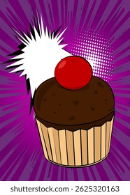 Cartoon Cupcake with blank speech bubble, comic book Muffin background. Retro vector comics pop art design.