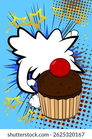 Cartoon Cupcake with blank speech bubble, comic book Muffin background. Retro vector comics pop art design.