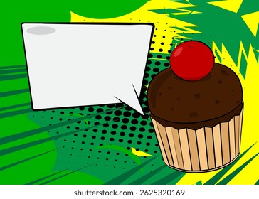 Cartoon Cupcake with blank speech bubble, comic book Muffin background. Retro vector comics pop art design.