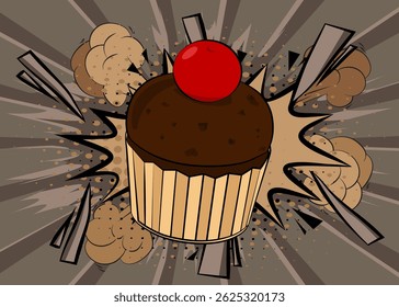 Cupcake de dibujos animados con la burbuja de discurso en blanco, fondo de la magdalena del cómic. Diseño de arte pop de cómics de Vector retro.