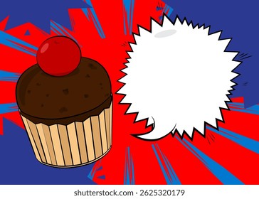 Cartoon Cupcake mit leerer Sprechblase, Comicbuch Muffin Hintergrund. Retro Vektor Comics Pop Art Design.
