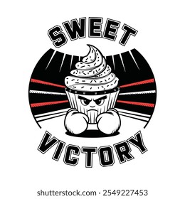 Bolinho de animação com texto em negrito "Sweet Victory", perfeito para amantes de sobremesa, padeiros e desenhos humorísticos.