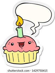 cartoon cupcake with candle with speech bubble sticker