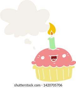 cartoon cupcake with candle with thought bubble in retro style