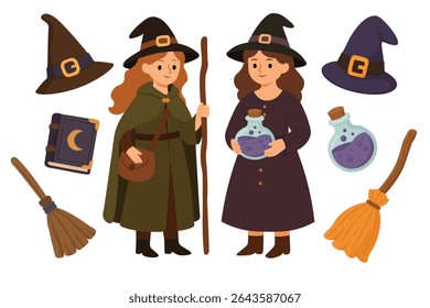 Cartoon cupcake, candy and bowl with sweets. Flat Halloween vector illustration on white background.