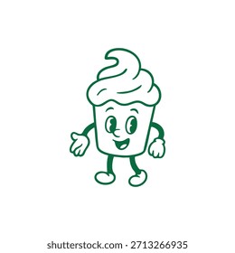 Un personaje de cupcake de dibujos animados con una cara sonriente se para con los brazos fuera.