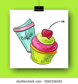 Cartoon cupcake with cherry. Hand drawn colorful vector illustration. Isolated on white. Doodle art. Take away coffee cup and yummy dessert. Element for poster, banner, menu, flyer, label, card.