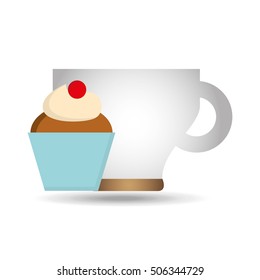 cartoon cupcake cherry sweet with cup coffee icon graphic vector illustration