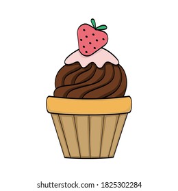 Cartoon cupcake with chocolate cream and strawberries. Cute flat vector illustration with outline isolated on white background.