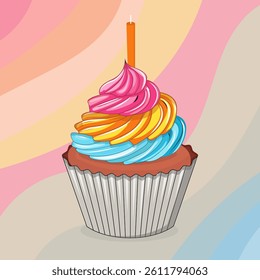 A cartoon cupcake with colorful frosting (pink, yellow, blue) and a candle, set against a background of pastel stripes (pink, blue, yellow). Cheerful and festive style.