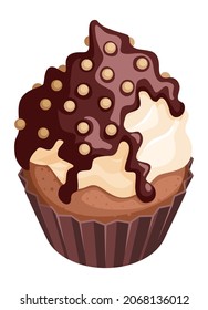 Cartoon cupcake. Cream muffin with dripping chocolate topping