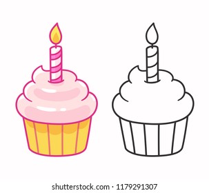 Cartoon Cupcake Drawing With Birthday Candle, Line Art And Color. Isolated Vector Illustration.