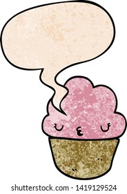 quequito de dibujos animados con cara con burbuja de habla en estilo de textura retro