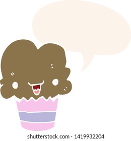 cartoon cupcake with face with speech bubble in retro style