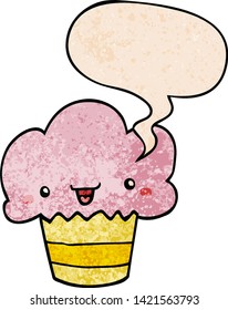 quequito de dibujos animados con cara con burbuja de habla en estilo de textura retro