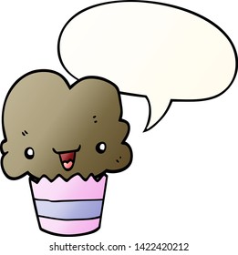 Cartoon Cupcake mit Gesicht mit Sprachblase im Stil eines glatten Farbverlaufs