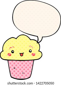 Cartoon-Cupcakes mit Gesicht mit Sprachblase im Comicstil