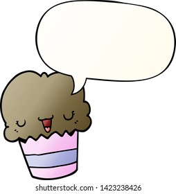 cartoon cupcake with face with speech bubble in smooth gradient style