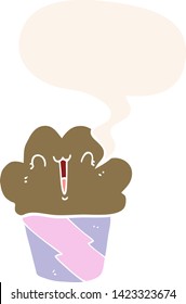 cartoon cupcake with face with speech bubble in retro style