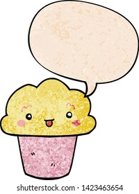 cartoon cupcake with face with speech bubble in retro texture style