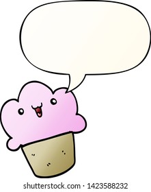 cartoon cupcake with face with speech bubble in smooth gradient style