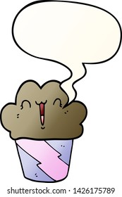 cartoon cupcake with face with speech bubble in smooth gradient style