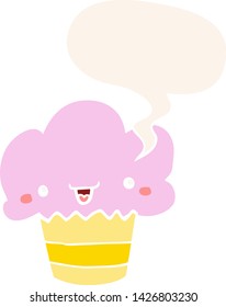 cartoon cupcake with face with speech bubble in retro style