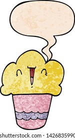 cartoon cupcake with face with speech bubble in retro texture style