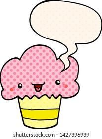 cartoon cupcake with face with speech bubble in comic book style