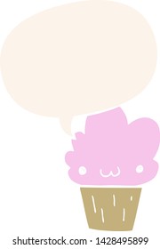 cartoon cupcake with face with speech bubble in retro style