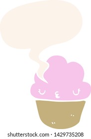 cartoon cupcake with face with speech bubble in retro style