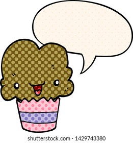 cartoon cupcake with face with speech bubble in comic book style