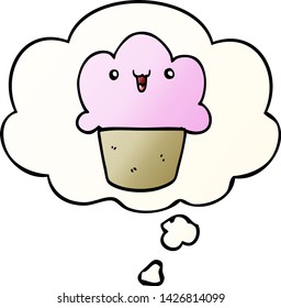 cartoon cupcake with face with thought bubble in smooth gradient style