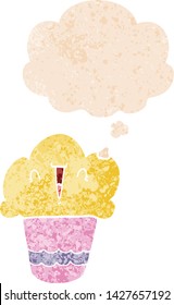 cartoon cupcake with face with thought bubble in grunge distressed retro textured style