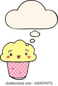 cartoon cupcake with face with thought bubble in comic book style