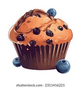 cartoon cupcake with fresh blueberries and icing icon isolated