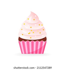 Cartoon cupcake icon. Illustration of birthday cupcake decorated with pink cream and star sprinkles. Vector 10 EPS.