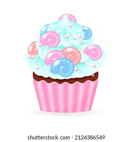 Cartoon cupcake icon. Illustration of birthday cupcake decorated with little sea shells and pearl sprinkles. Vector 10 EPS.