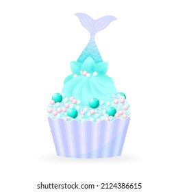 Cartoon cupcake icon. Illustration of birthday cupcake decorated with mermaid tail and pearl sprinkles. Vector 10 EPS.